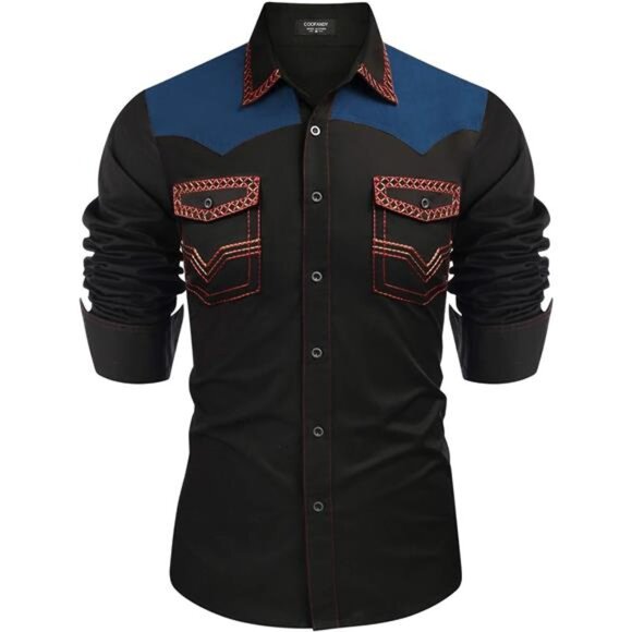 Men's Western Cowboy Shirt Black & Blue - Picture 1 of 6
